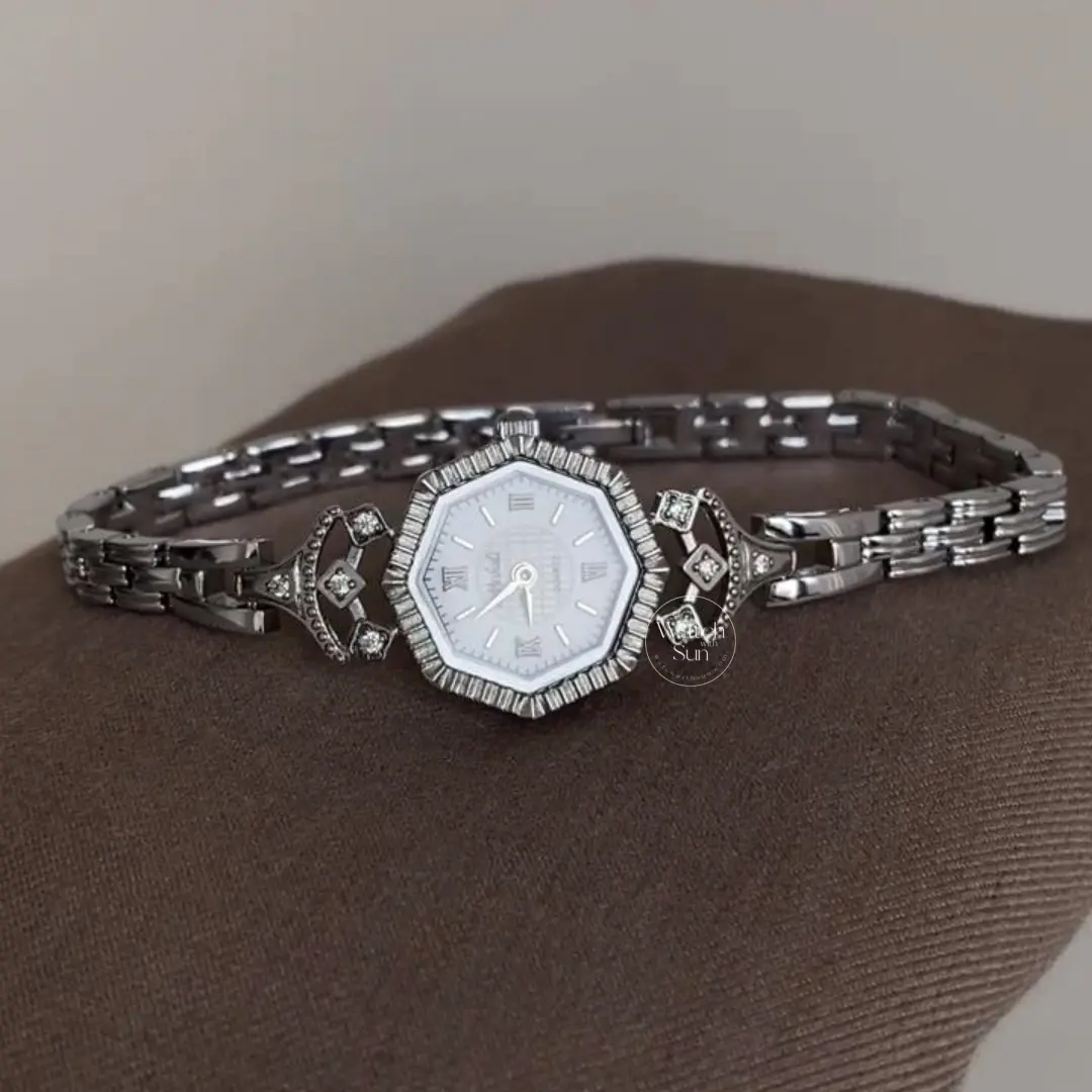 Vintage Silver Watches for Women Hexagon Dial Ladies Silver Wrist Watch