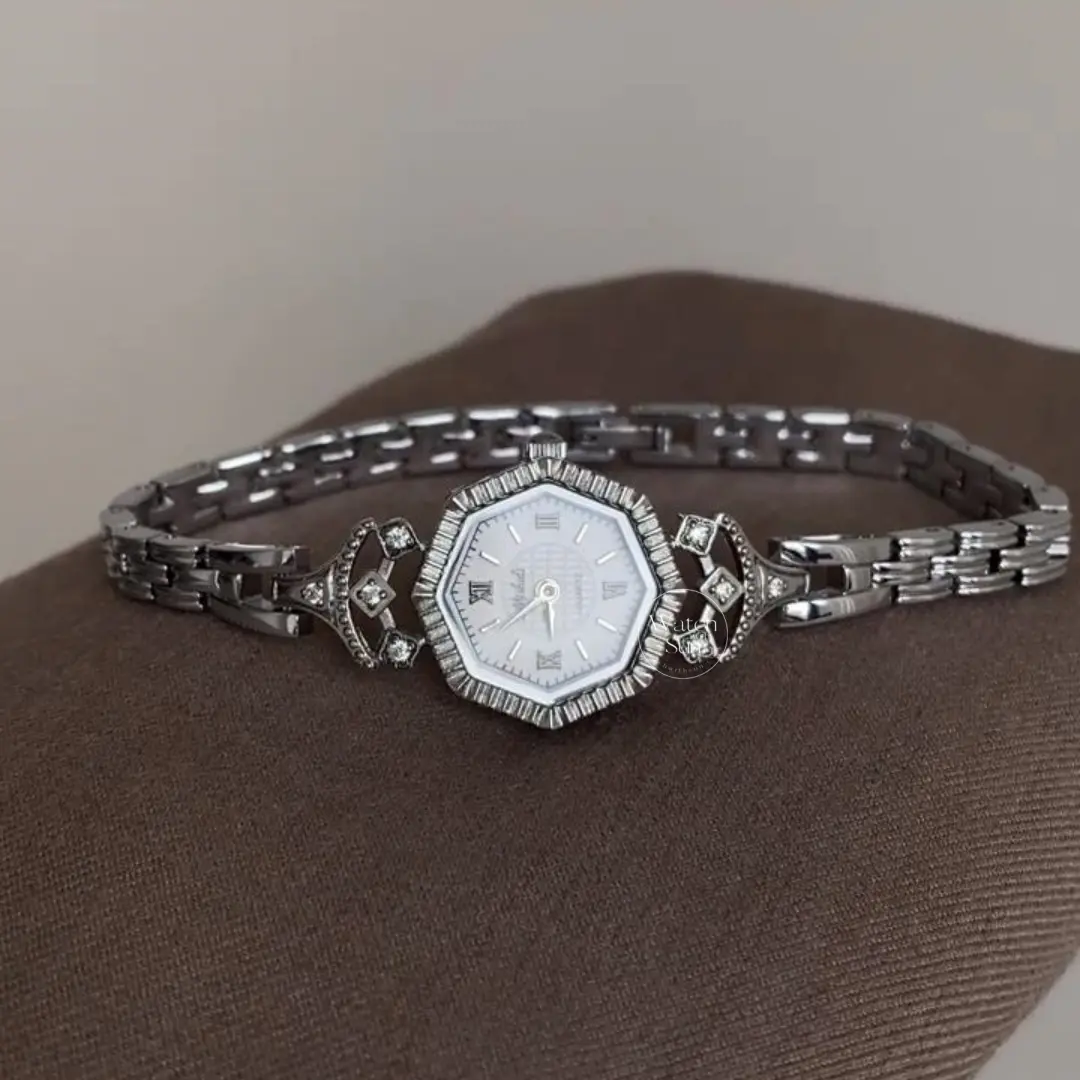 Vintage Silver Watches for Women Hexagon Dial Ladies Silver Wrist Watch
