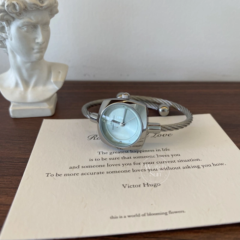 Minimalist Silver Cable Bangle Watch for Women Blue Dial Ladies Watch