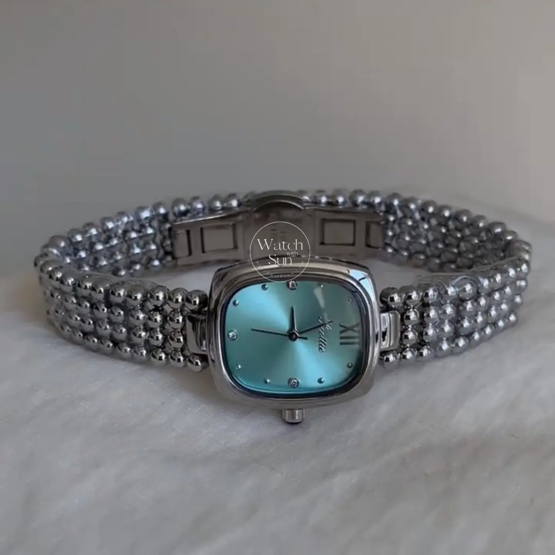 Minimalist Silver Beaded Bracelet Chic Blue Dial Women’s Watch