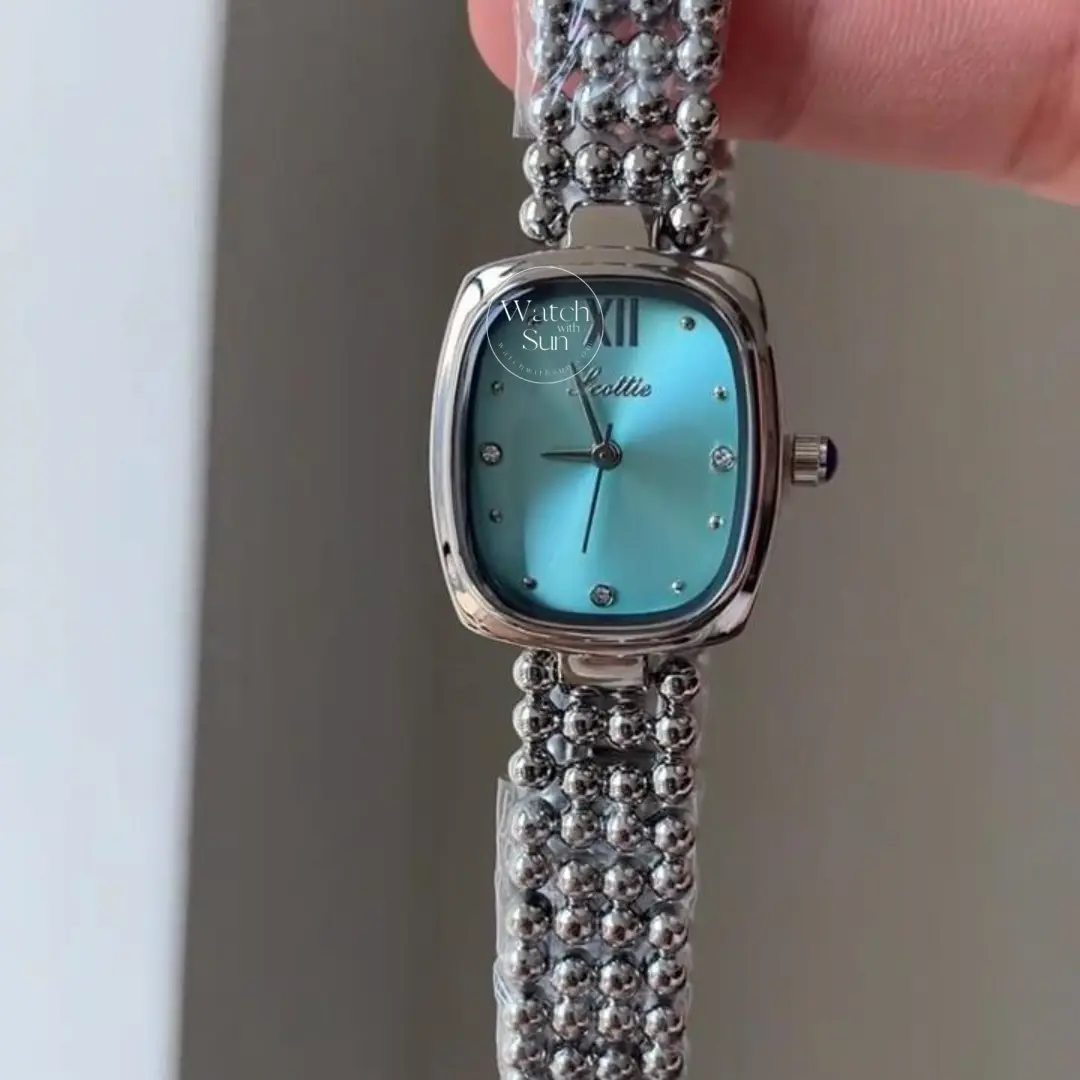 Minimalist Silver Beaded Bracelet Chic Blue Dial Women’s Watch