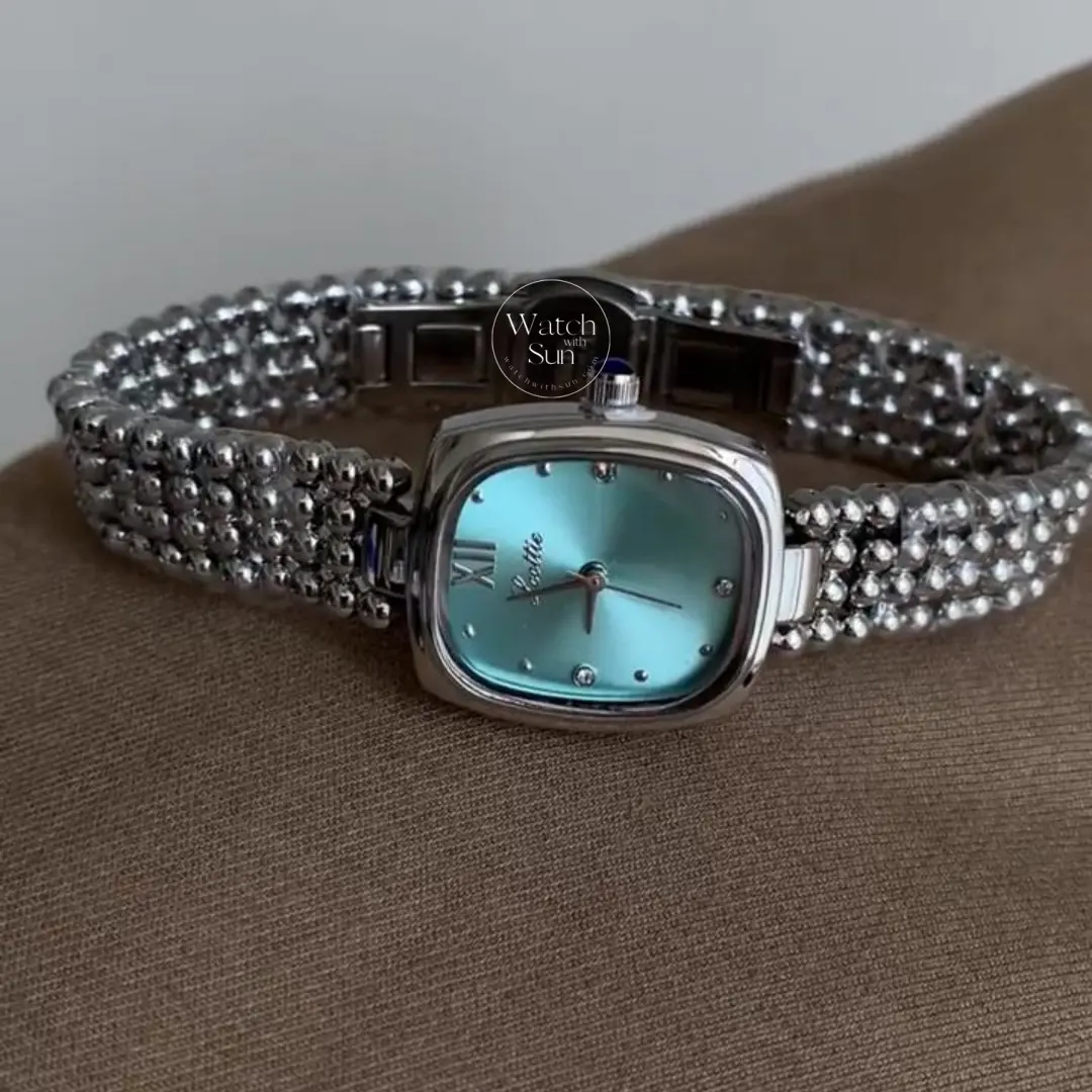 Minimalist Silver Beaded Bracelet Chic Blue Dial Women’s Watch