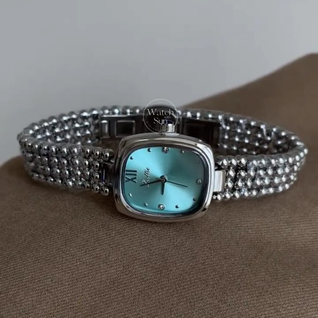Minimalist Silver Beaded Bracelet Chic Blue Dial Women’s Watch
