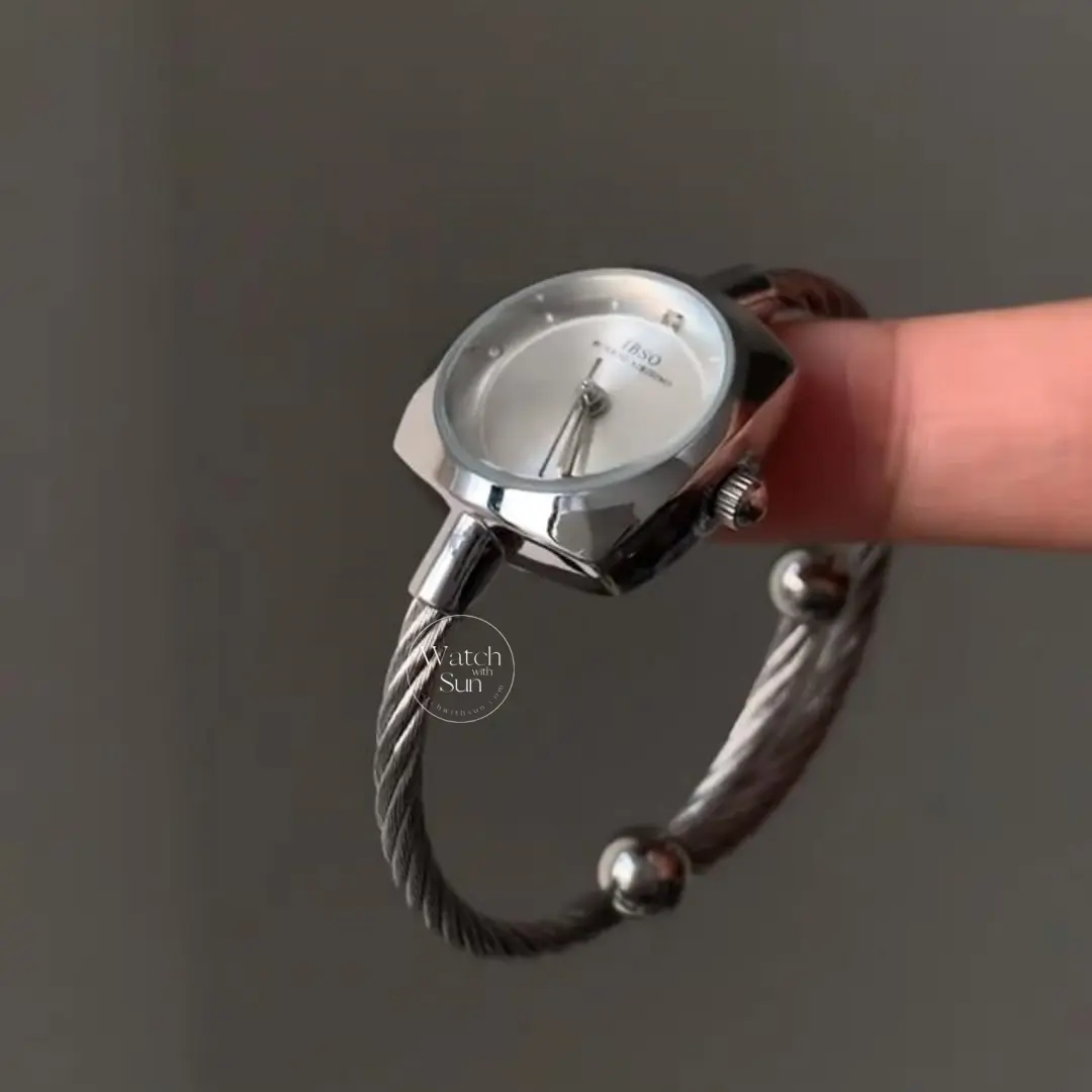 Minimalist Silver Cable Bangle Watch for Women Blue Dial Ladies Watch