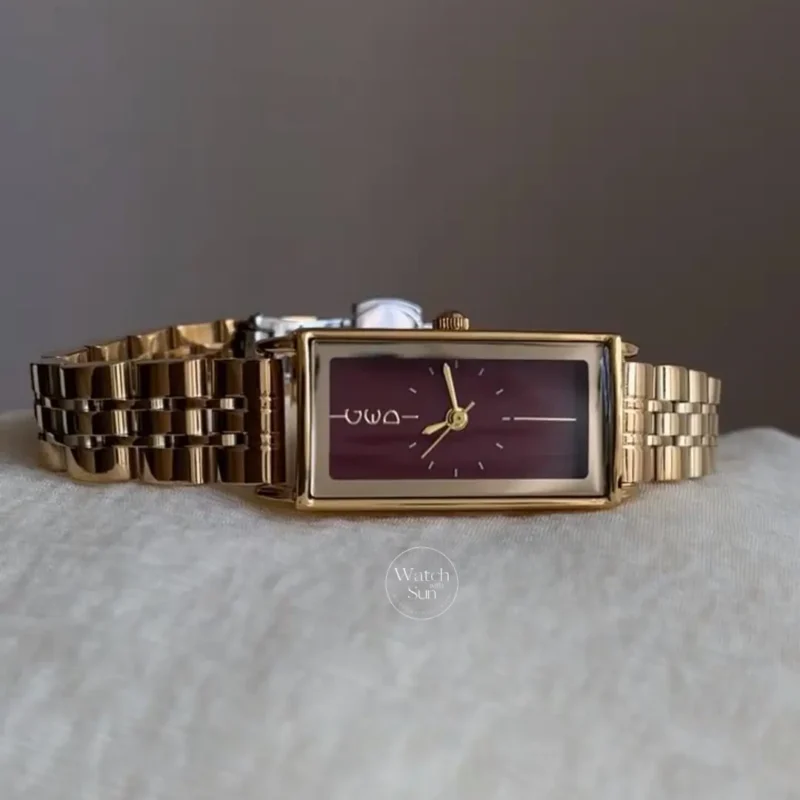Vintage-Inspired Gold Watch Rectangular Case Burgundy Dial Watch for Women