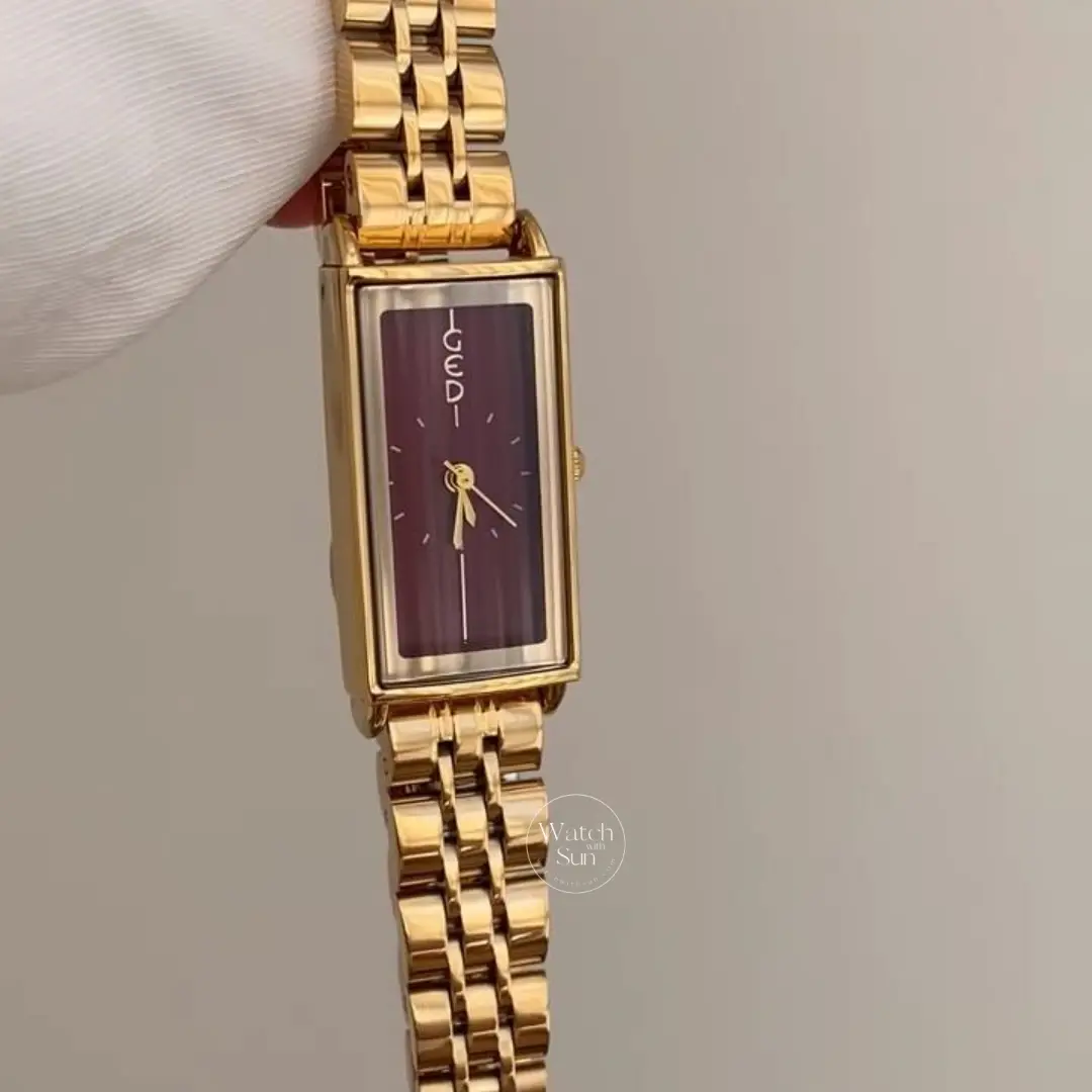 Vintage-Inspired Gold Watch Rectangular Case Burgundy Dial Watch for Women