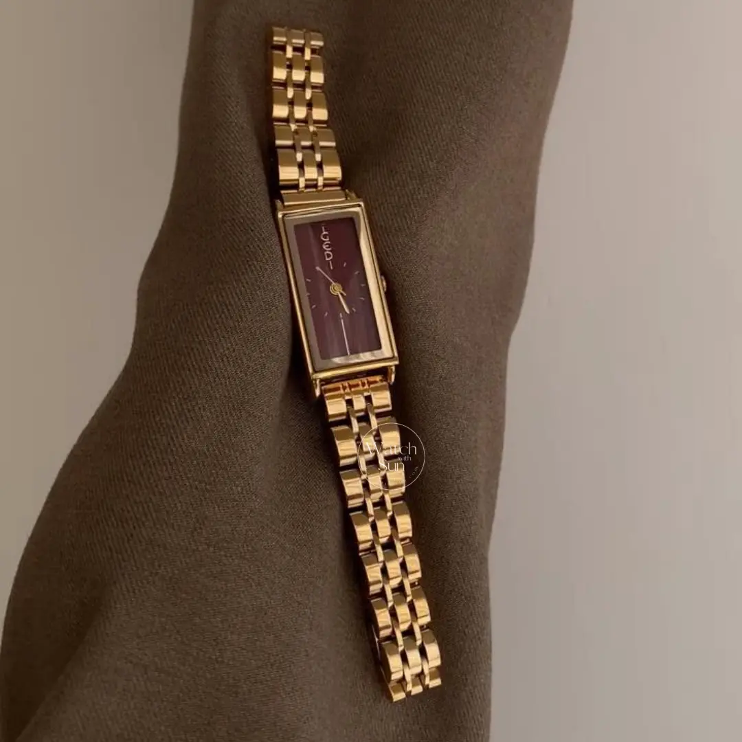 Vintage-Inspired Gold Watch Rectangular Case Burgundy Dial Watch for Women