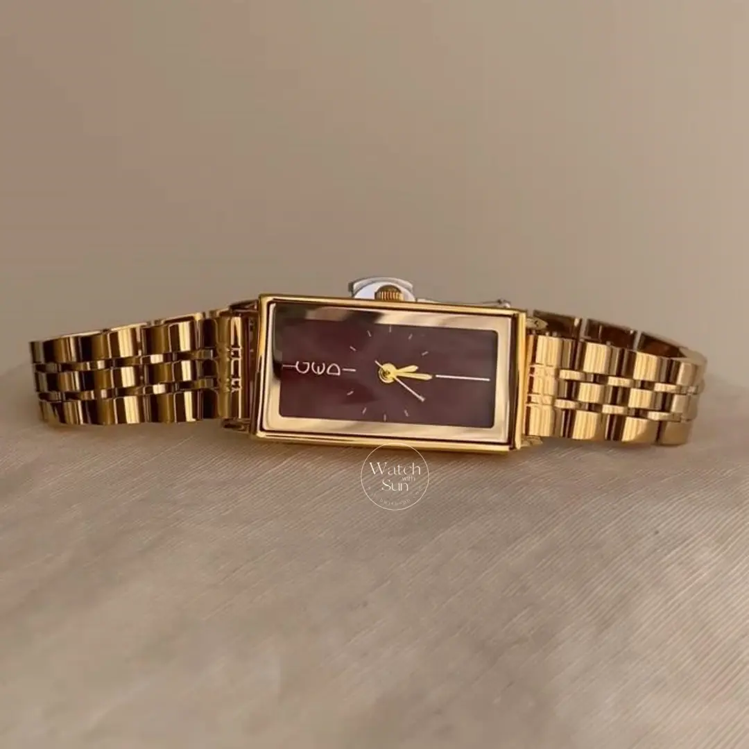 Vintage-Inspired Gold Watch Rectangular Case Burgundy Dial Watch for Women