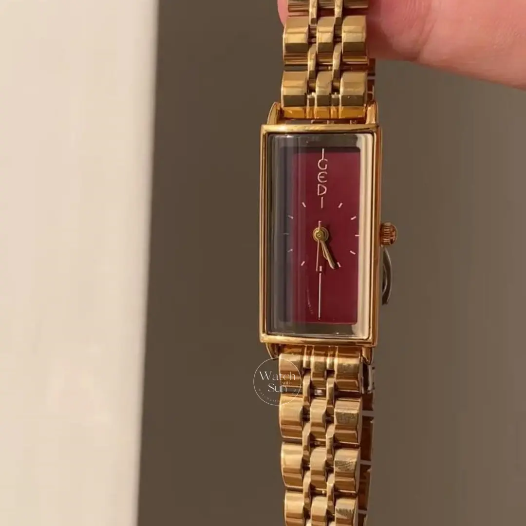 Vintage-Inspired Gold Watch Rectangular Case Burgundy Dial Watch for Women