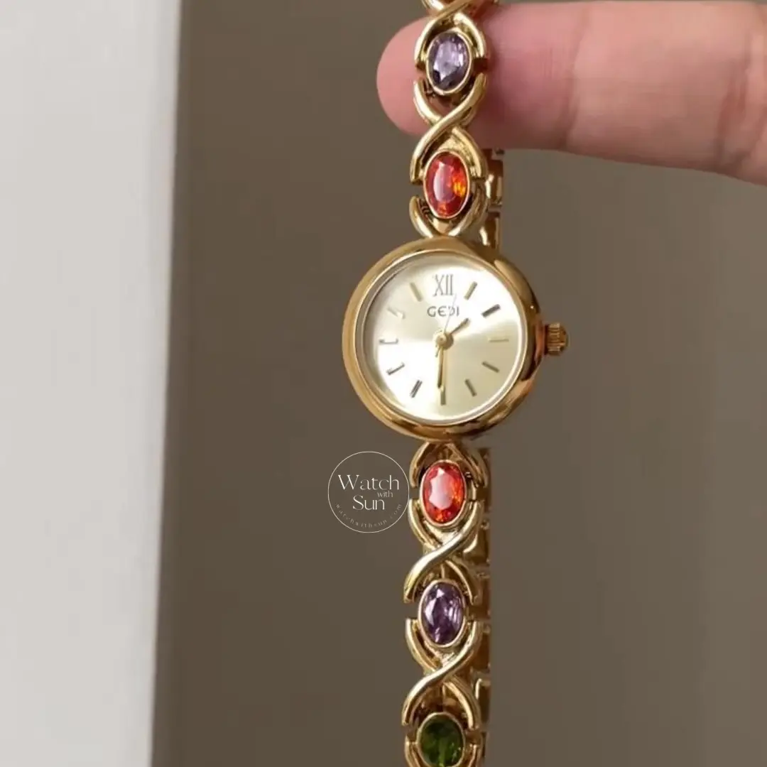 Vintage-Inspired Rainbow Gemstone Style Quartz Wristwatch for Women