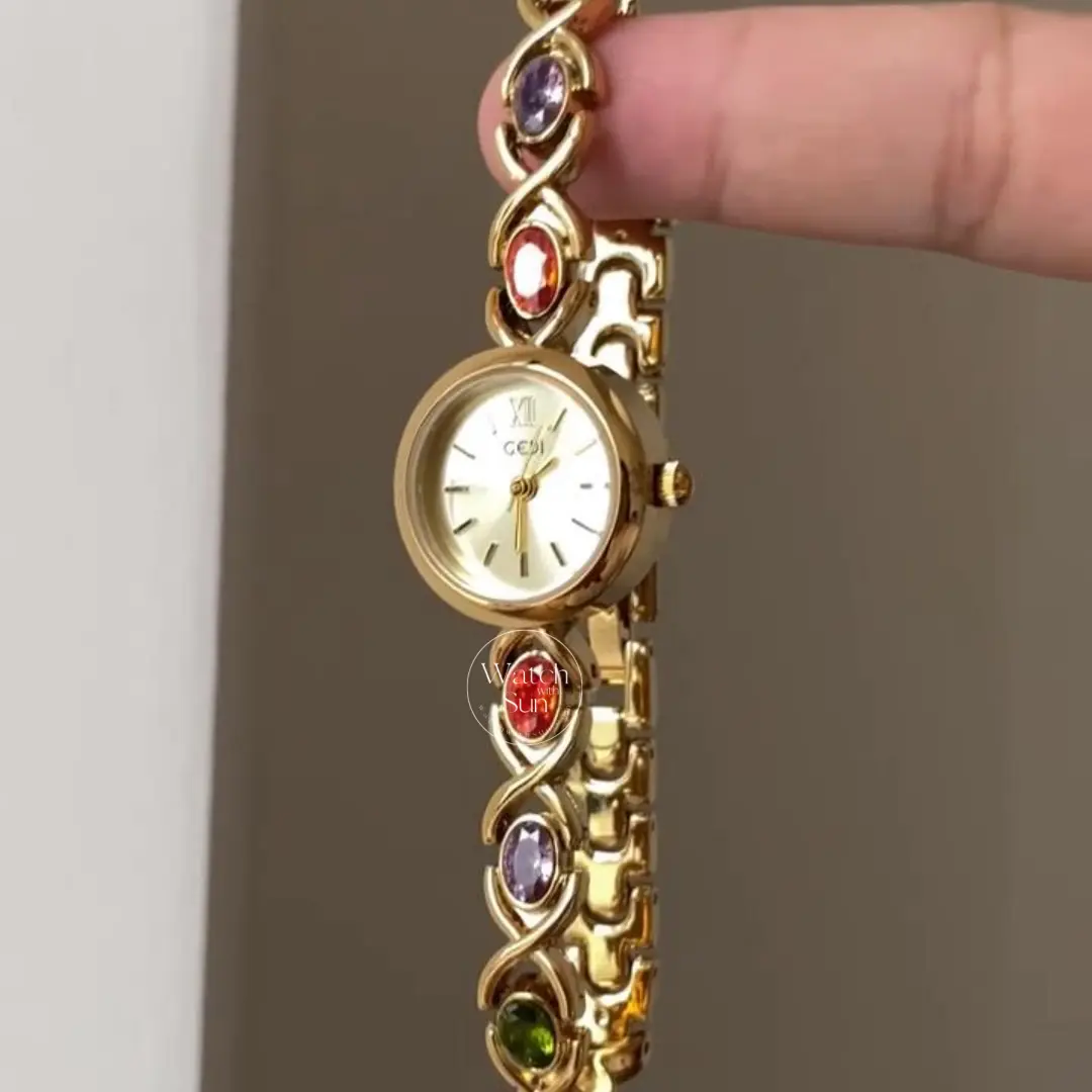 Vintage-Inspired Rainbow Gemstone Style Quartz Wristwatch for Women