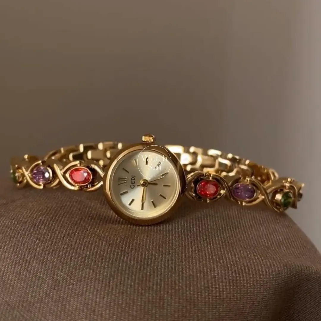 Vintage-Inspired Rainbow Gemstone Style Quartz Wristwatch for Women