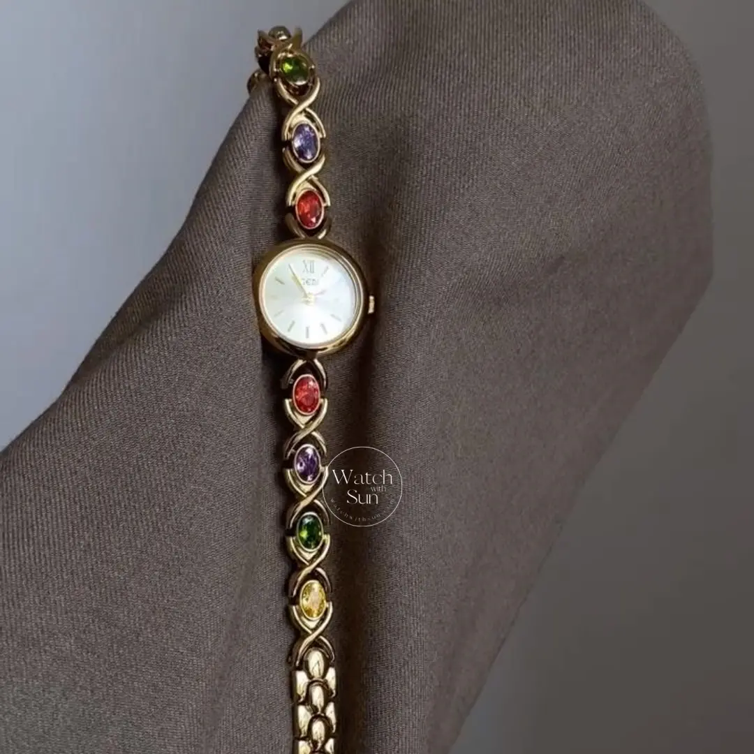 Vintage-Inspired Rainbow Gemstone Style Quartz Wristwatch for Women