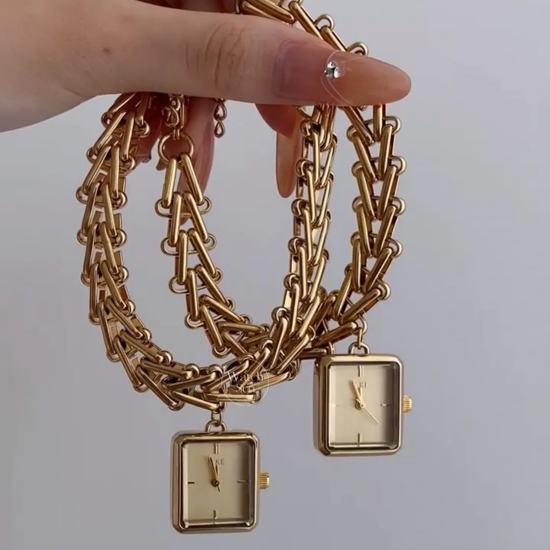 Dainty Gold Charm Bracelet Watch Square Face Pendant Women's Watch