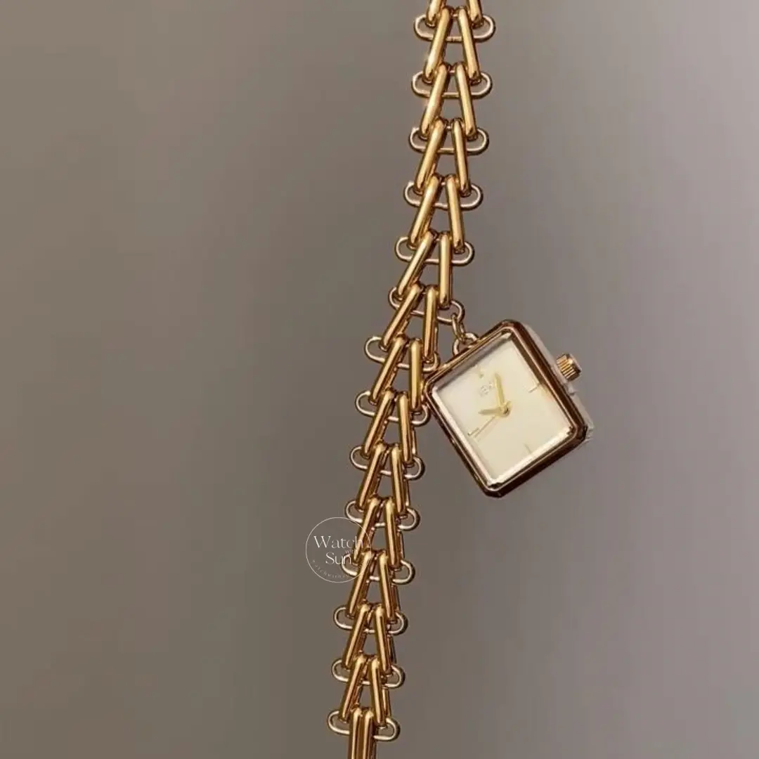 Dainty Gold Charm Bracelet Watch Square Face Pendant Women's Watch