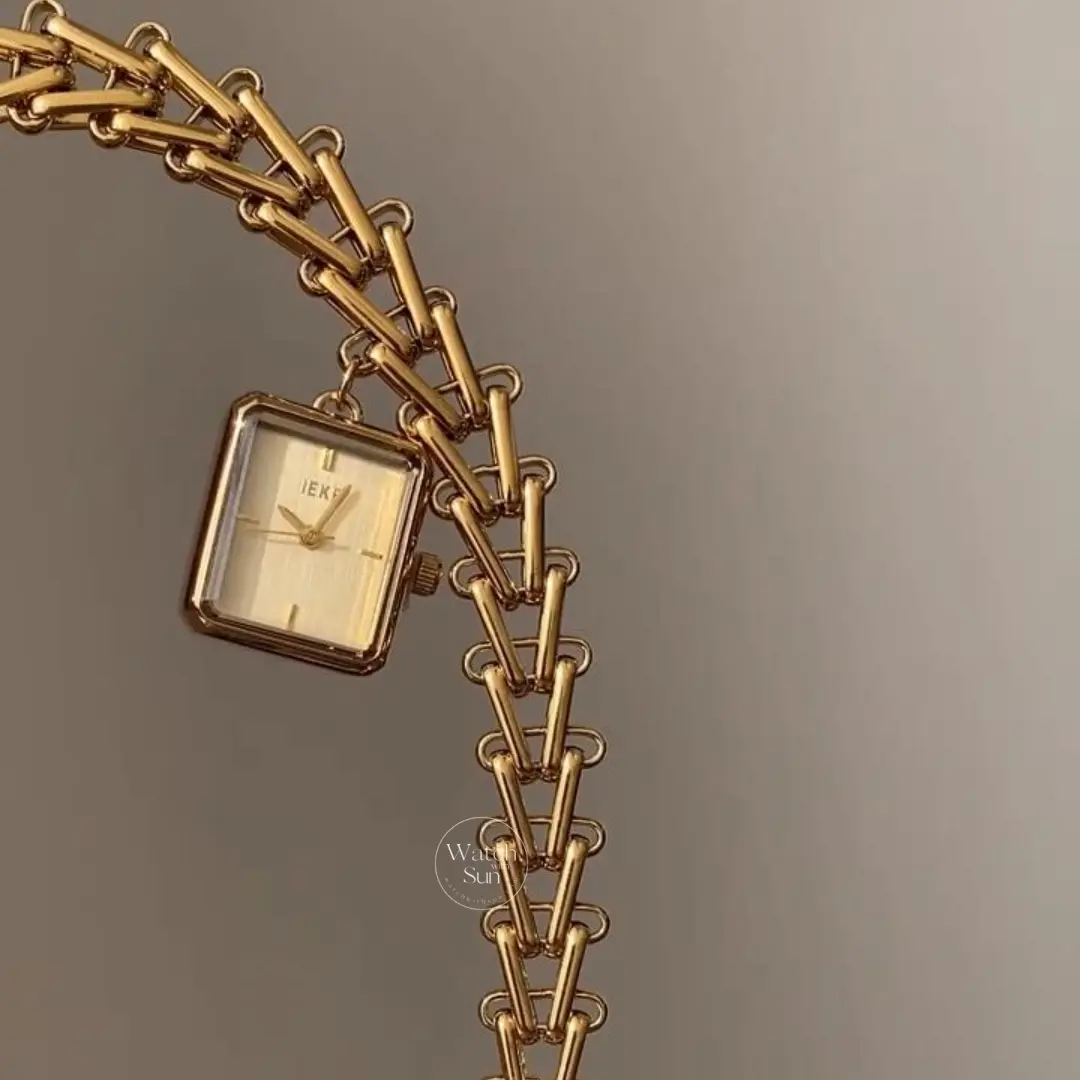 Dainty Gold Charm Bracelet Watch Square Face Pendant Women's Watch