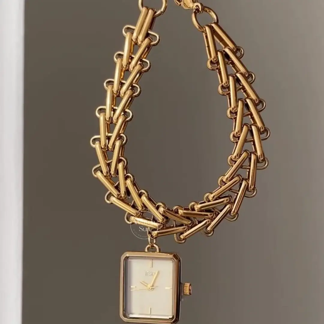 Dainty Gold Charm Bracelet Watch Square Face Pendant Women's Watch