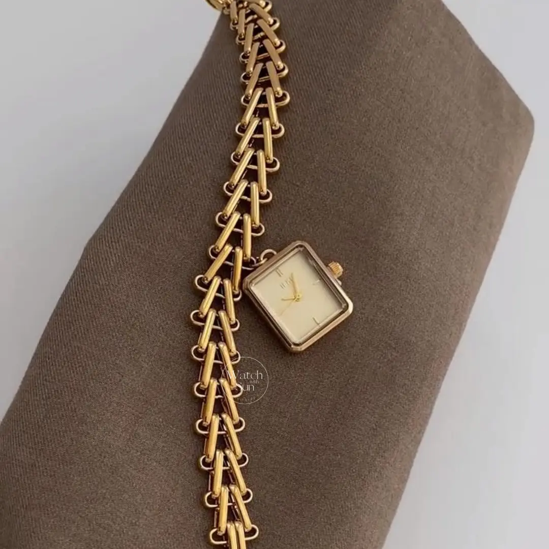 Dainty Gold Charm Bracelet Watch Square Face Pendant Women's Watch