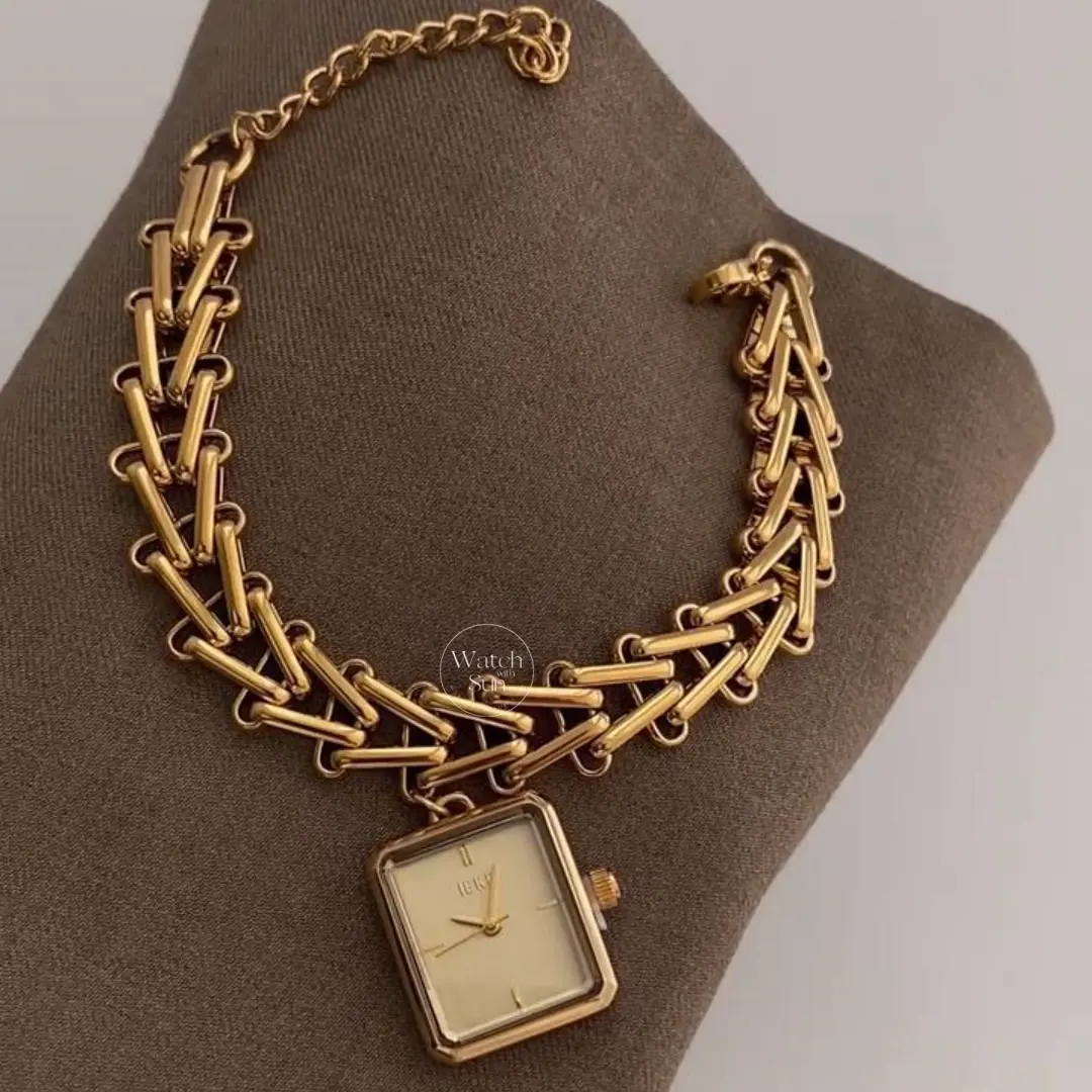 Dainty Gold Charm Bracelet Watch Square Face Pendant Women's Watch