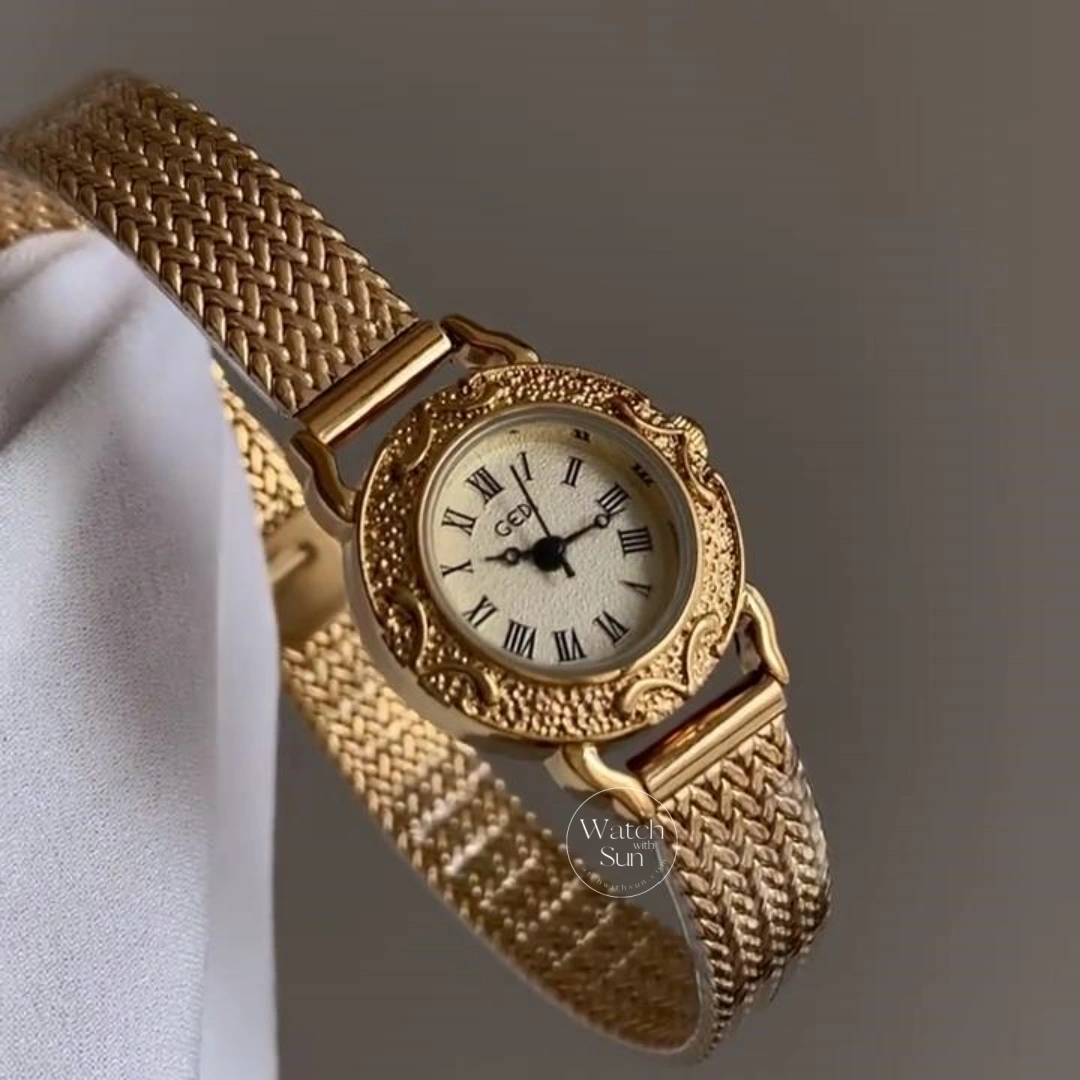 Vintage-Inspired Roman Numeral Dial Gold Watch for Women