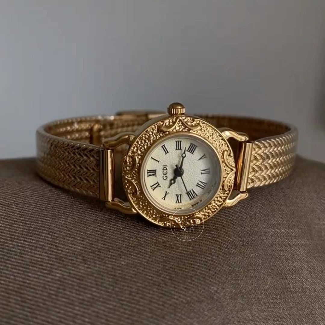 Vintage-Inspired Roman Numeral Dial Gold Watch for Women