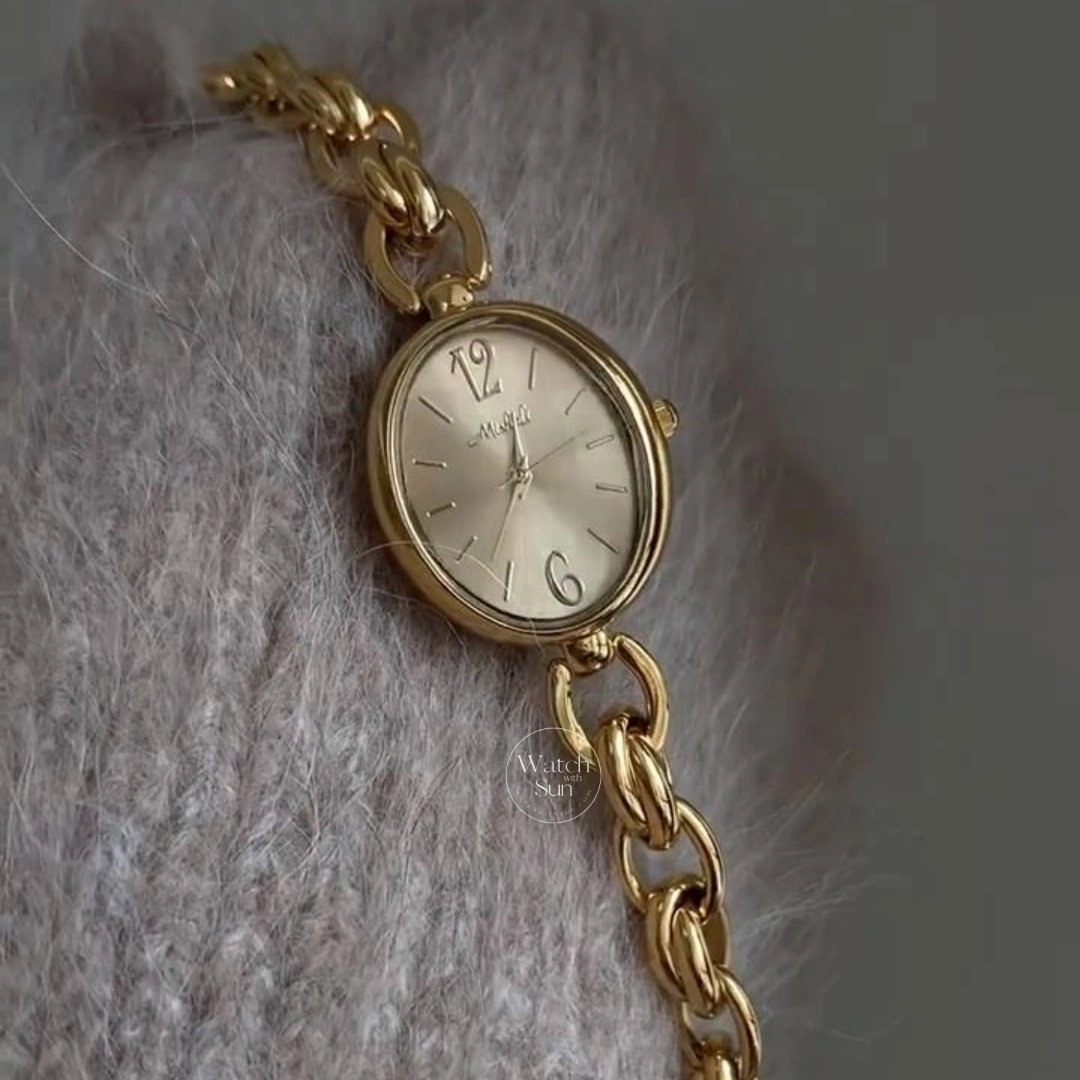 Dainty Gold Oval Dial Watch for Women Elegant Chain Bracelet Ladies Watch