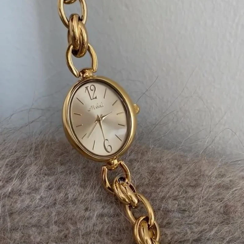 Dainty Gold Oval Dial Watch for Women Elegant Chain Bracelet Ladies Watch