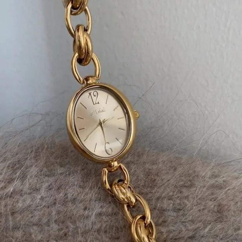 Dainty Gold Oval Dial Watch for Women Elegant Chain Bracelet Ladies Watch