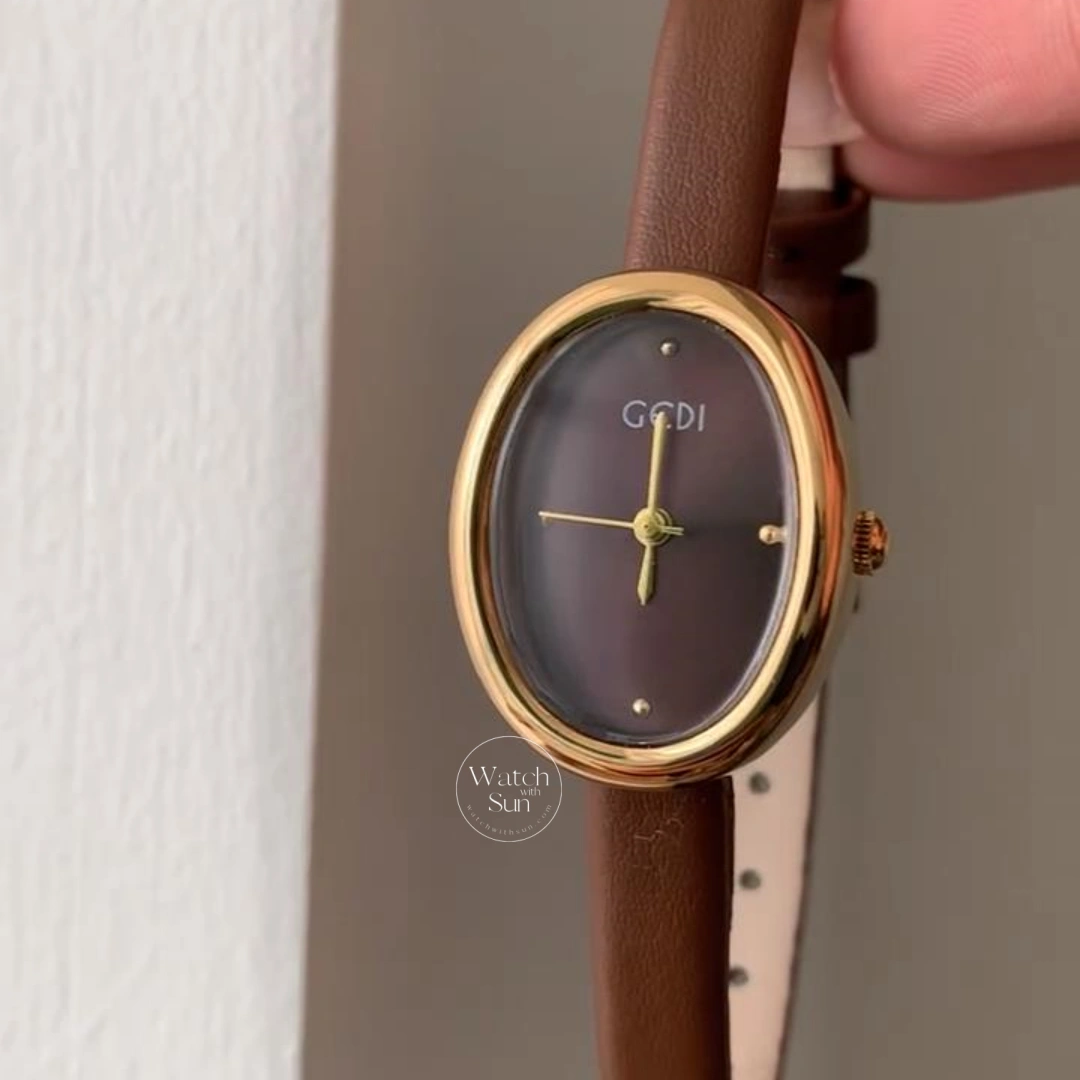 Minimalist Brown Leather Oval Dial Watch for Women