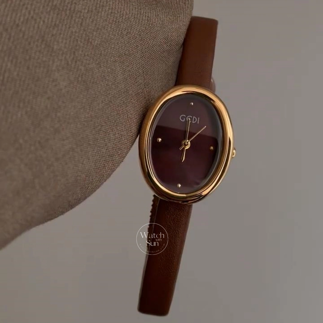 Minimalist Brown Leather Oval Dial Watch for Women