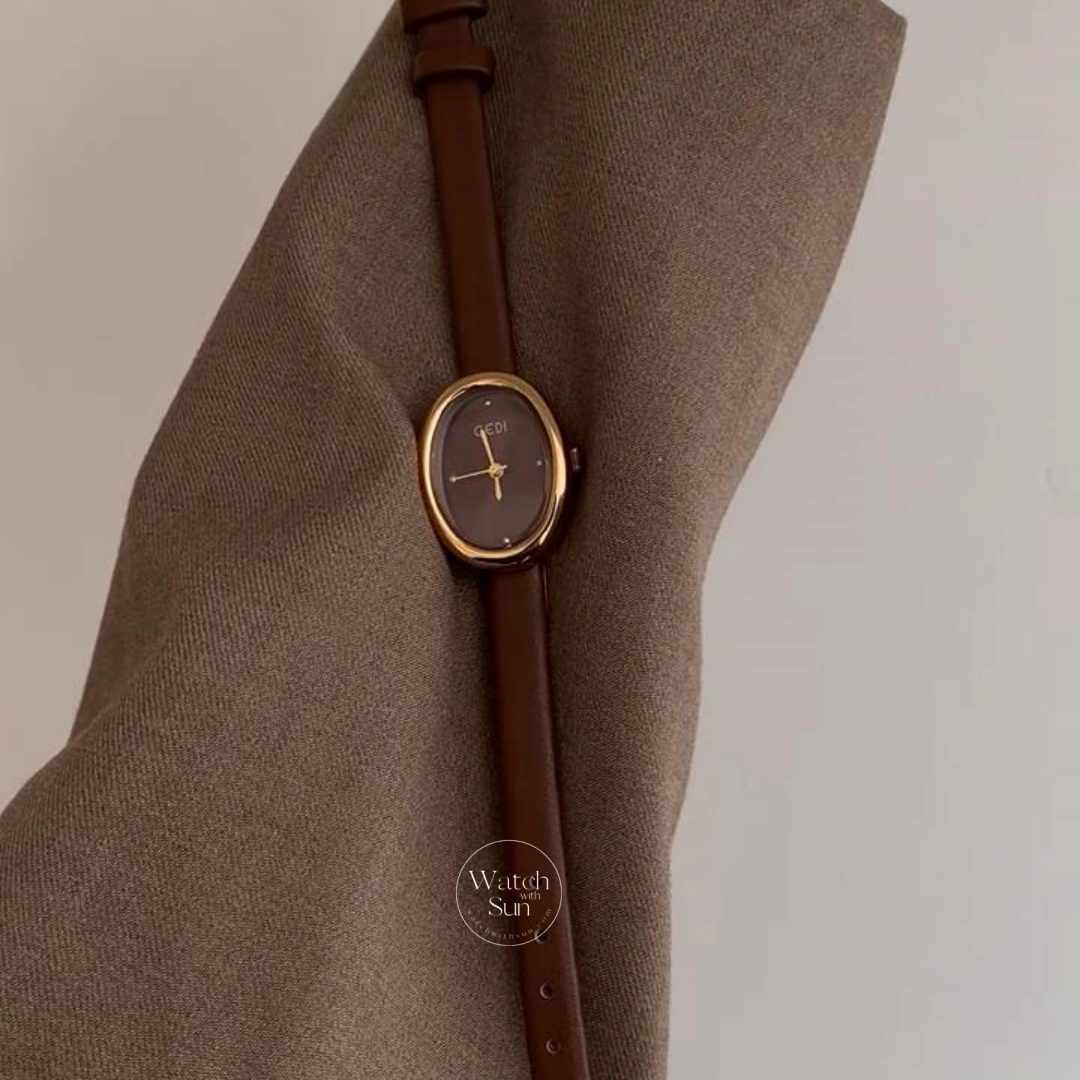 Minimalist Brown Leather Oval Dial Watch for Women