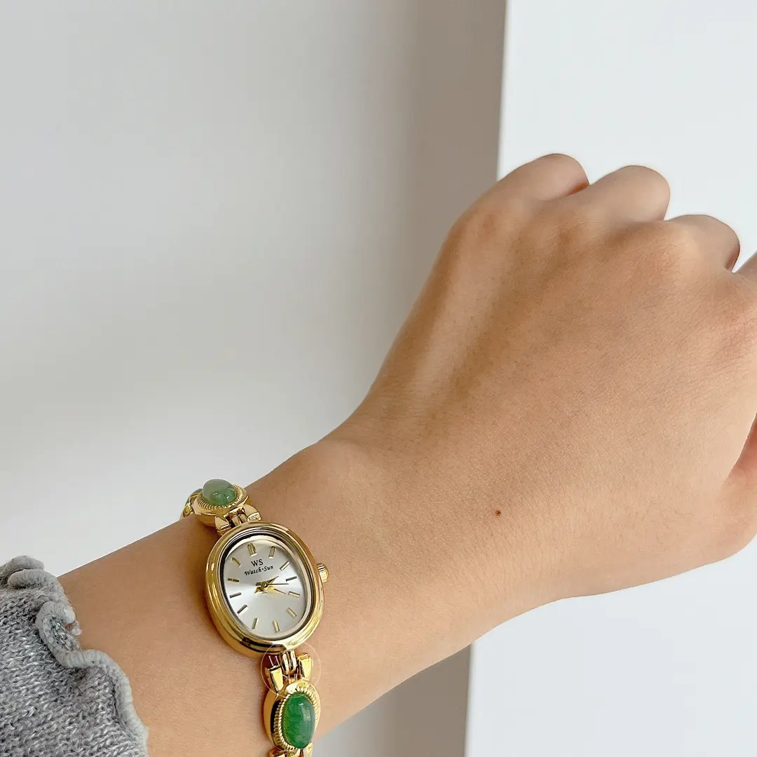 Vintage Style Green Jade Stone White Face Bracelet Watch for Women