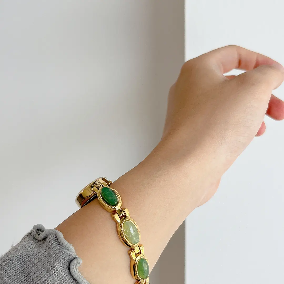 Vintage Style Green Jade Stone White Face Bracelet Watch for Women