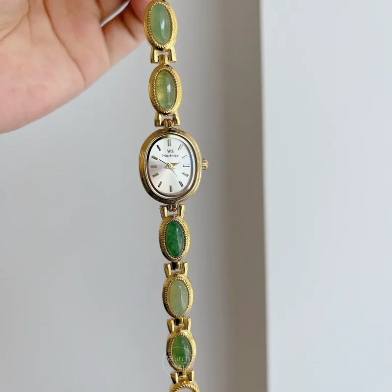 Vintage Style Green Jade Stone White Face Bracelet Watch for Women