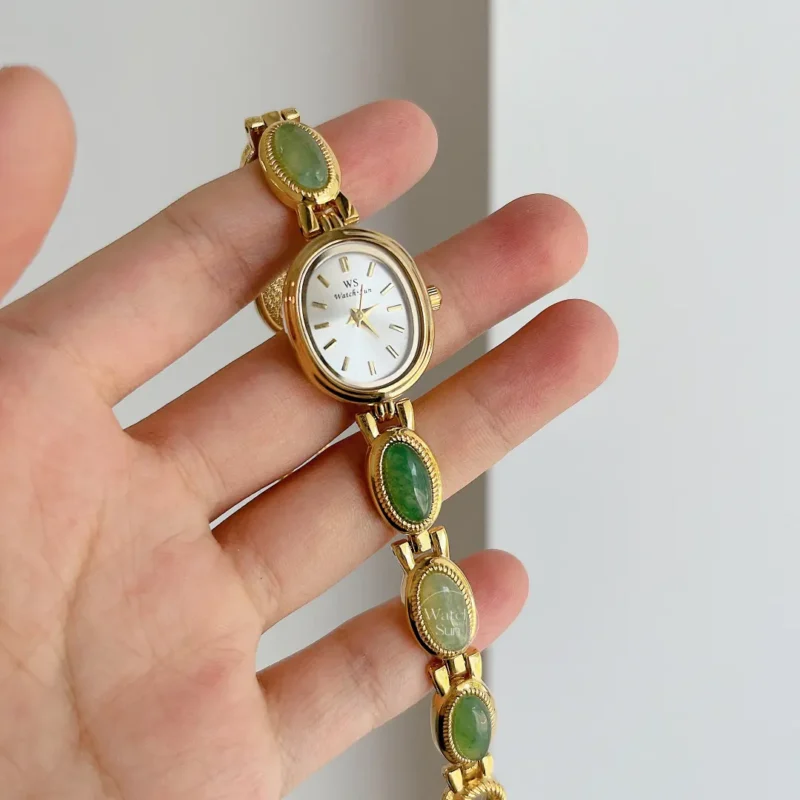 Vintage Style Green Jade Stone White Face Bracelet Watch for Women