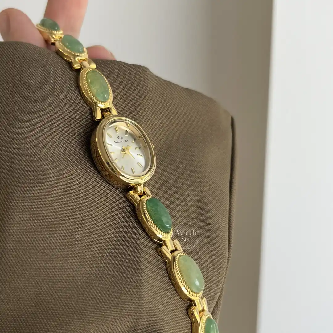 Vintage Style Green Jade Stone White Face Bracelet Watch for Women