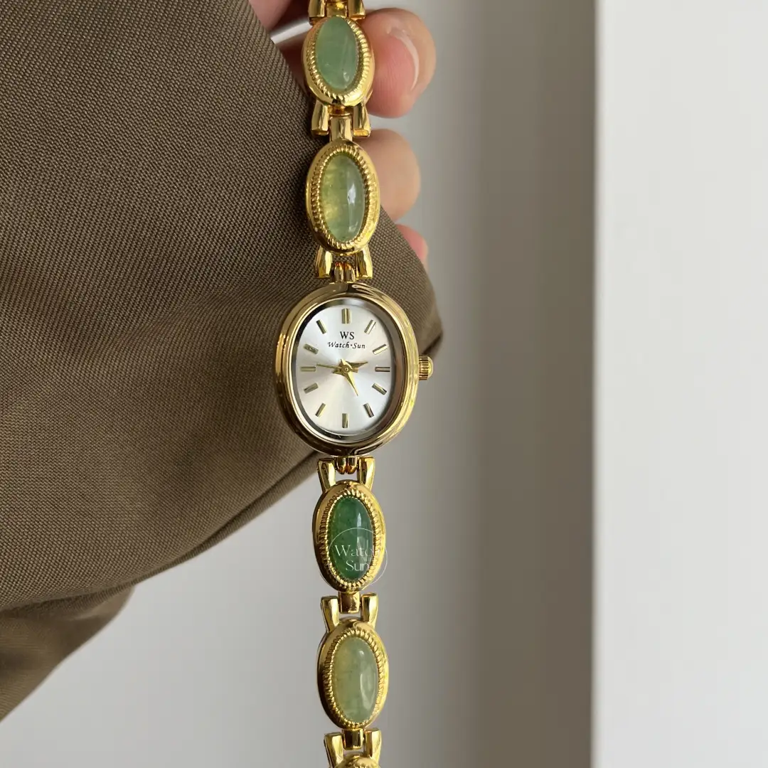 Vintage Style Green Jade Stone White Face Bracelet Watch for Women