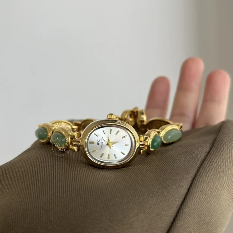 Vintage Style Green Jade Stone White Face Bracelet Watch for Women