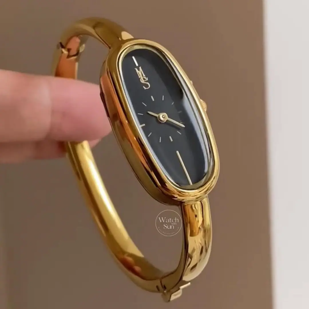 Elegant Oval Black Dial Wristwatch Gold Bangle Watch for Women