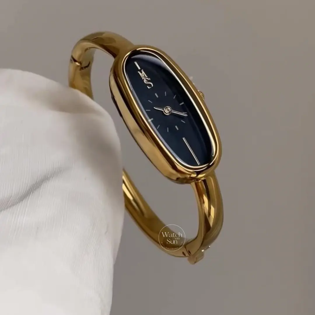 Elegant Oval Black Dial Wristwatch Gold Bangle Watch for Women