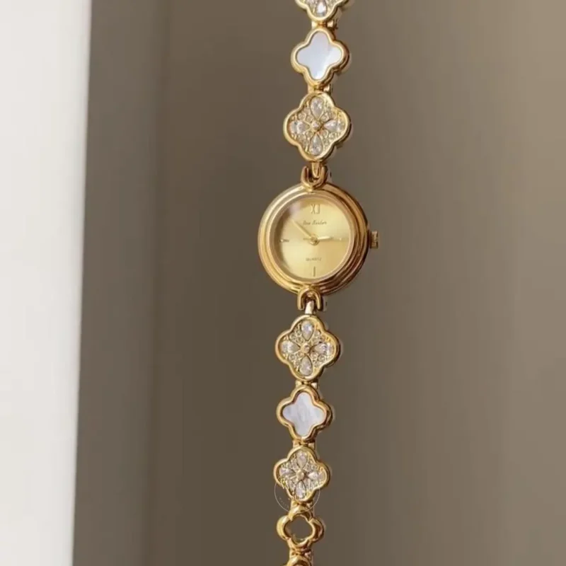 Four Leaf Clover Bracelet Watch for Women Crystal Accents Mother of Pearl Dial Women's Watch
