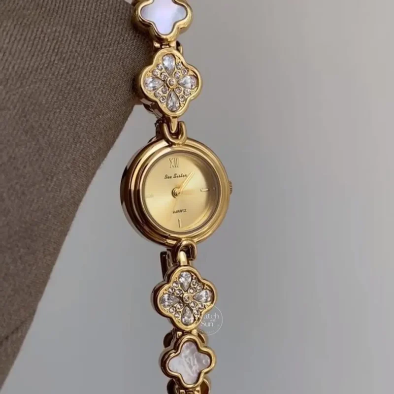 Four Leaf Clover Bracelet Watch for Women Crystal Accents Mother of Pearl Dial Women's Watch