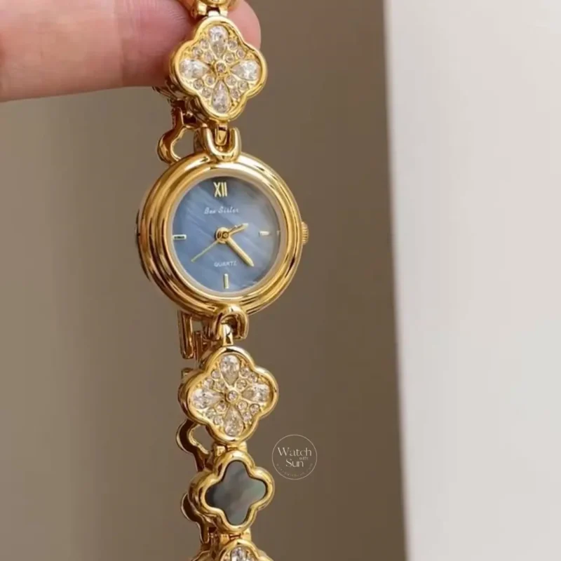 Four Leaf Clover Bracelet Watch for Women Crystal Accents Mother of Pearl Dial Women's Watch