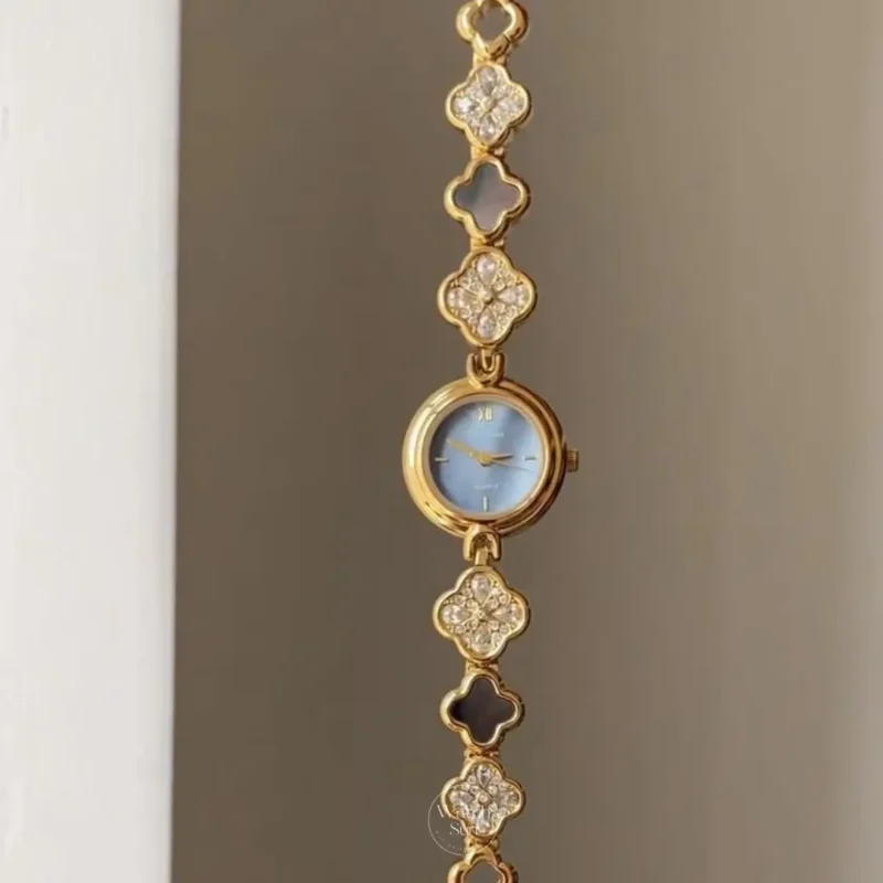 Four Leaf Clover Bracelet Watch for Women Crystal Accents Mother of Pearl Dial Women's Watch