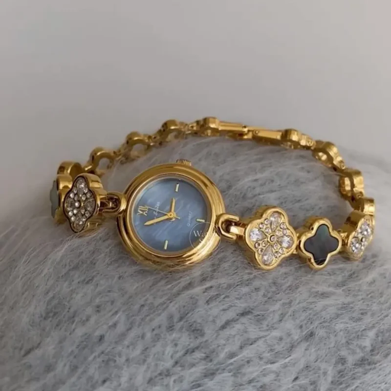 Four Leaf Clover Bracelet Watch for Women Crystal Accents Mother of Pearl Dial Women's Watch