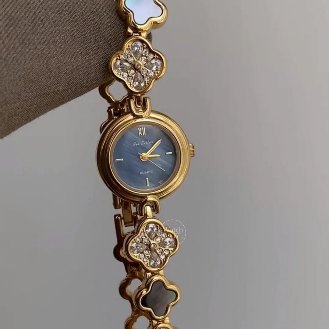 Four Leaf Clover Bracelet Watch for Women Crystal Accents Mother of Pearl Dial Women's Watch