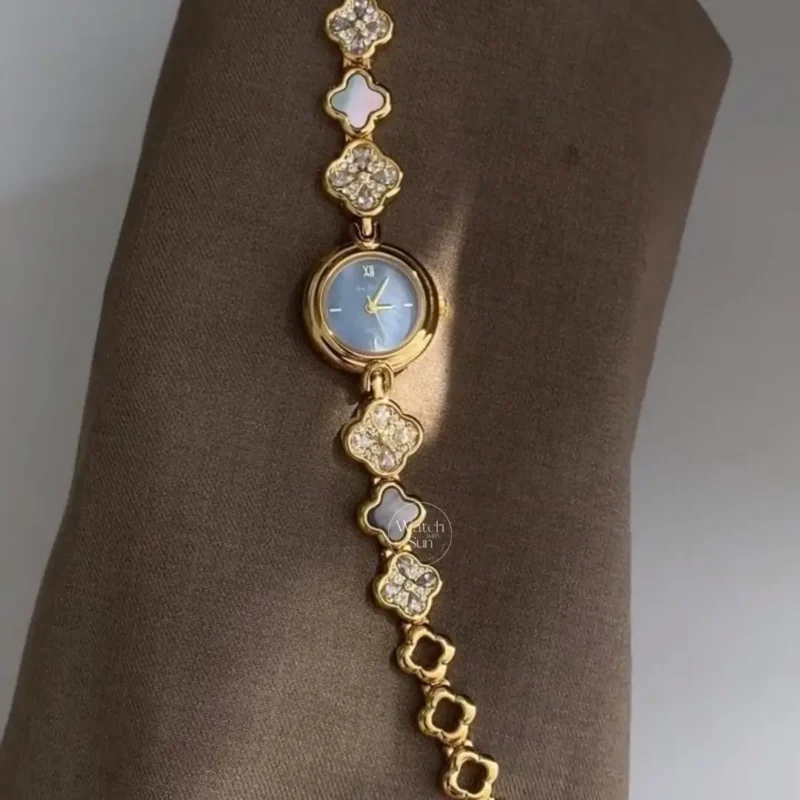 Four Leaf Clover Bracelet Watch for Women Crystal Accents Mother of Pearl Dial Women's Watch