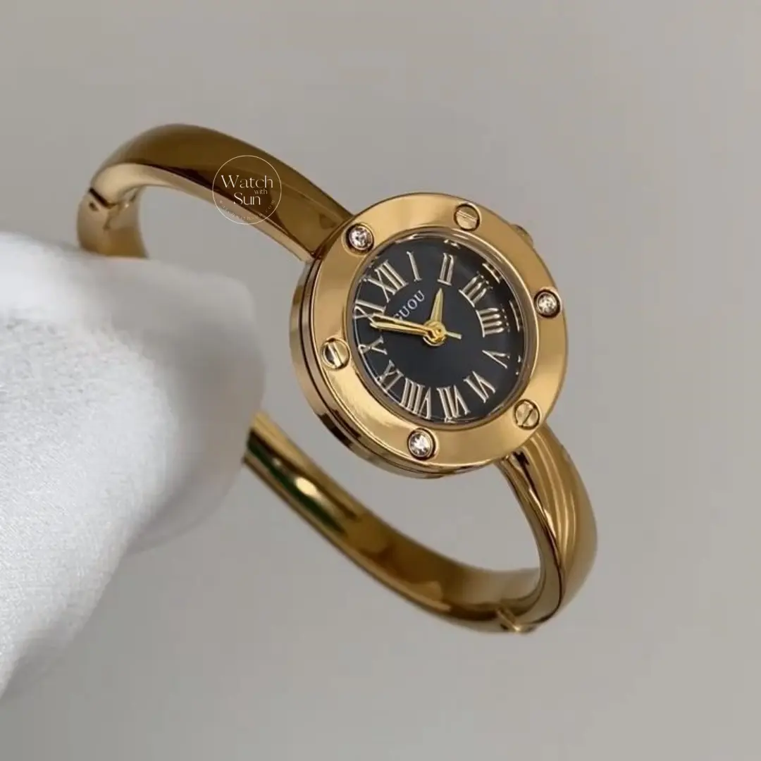 Vintage-Inspired Roman Numeral Dial Gold Bangle Watch for Women