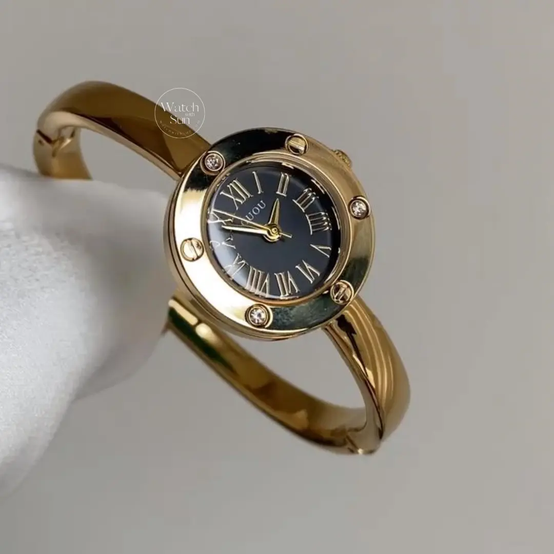 Vintage-Inspired Roman Numeral Dial Gold Bangle Watch for Women