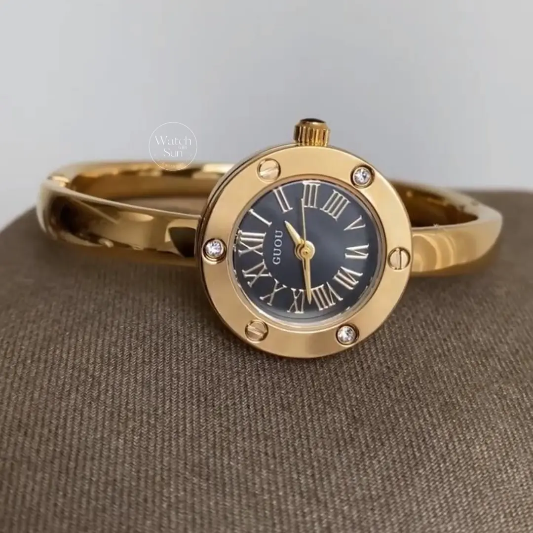 Vintage-Inspired Roman Numeral Dial Gold Bangle Watch for Women